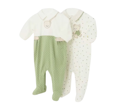 MAYORAL BABY BOY BEAR  ROMPER 2 PACK IVORY/GREEN