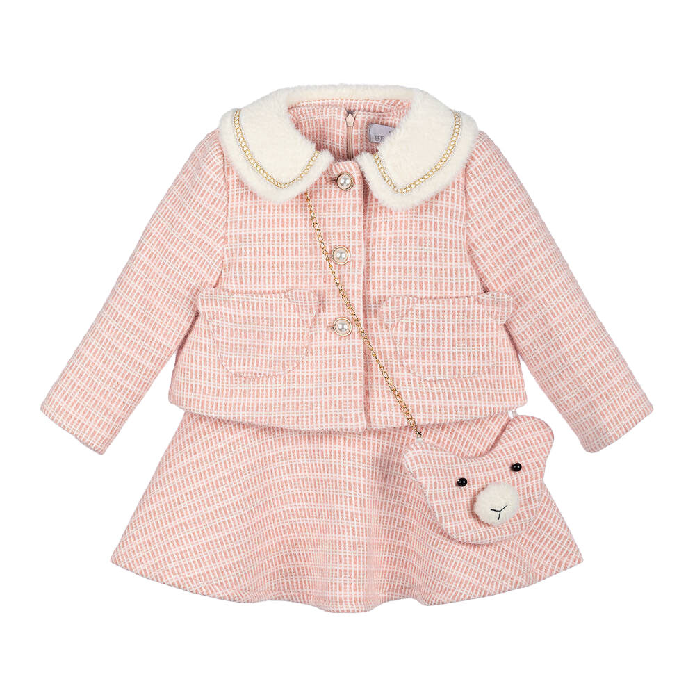 BEAU KID GIRL TWEED DRESS WITH JACKET AND BAG PINK