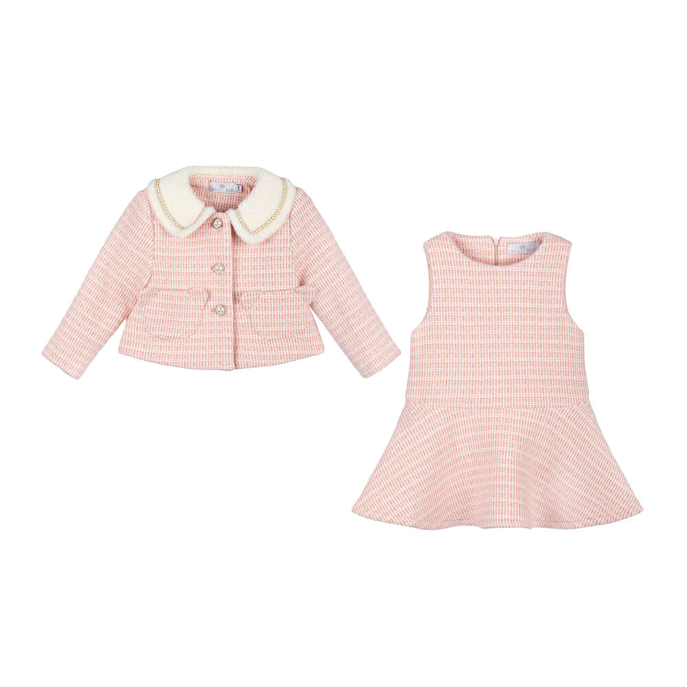 BEAU KID GIRL TWEED DRESS WITH JACKET AND BAG PINK