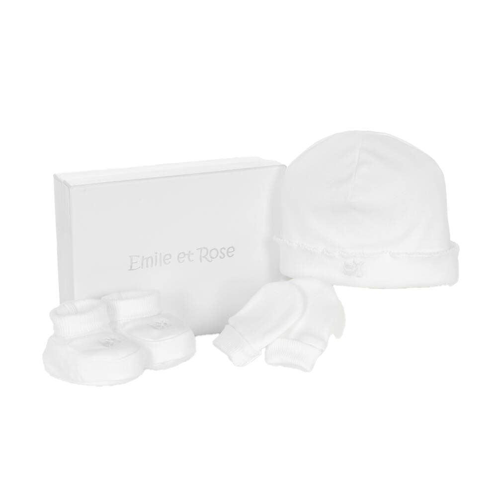 EMILE ET ROSE UNISEX BABY HAT MITT AND BOOTIE SET WHITE