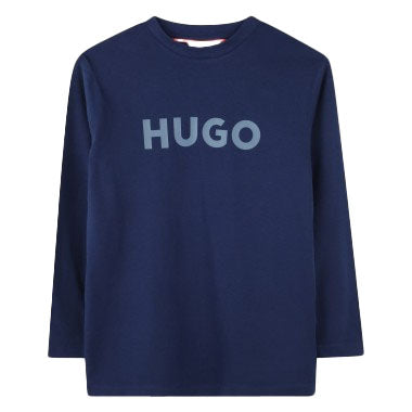 HUGO BOY LOGO LONG SLEEVED COTTON TOP BLUE