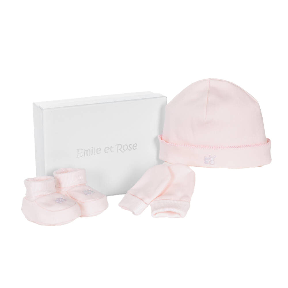 EMILE ET ROSE BABY GIRL BOOTIES AND MITTS AND HAT SET PINK