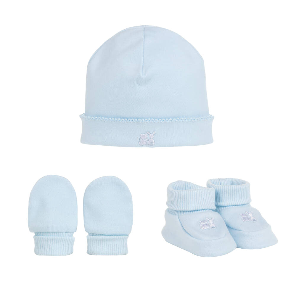 EMILE ET ROSE BABY BOY HAT AND BOOTIES AND MITTS SET BLUE