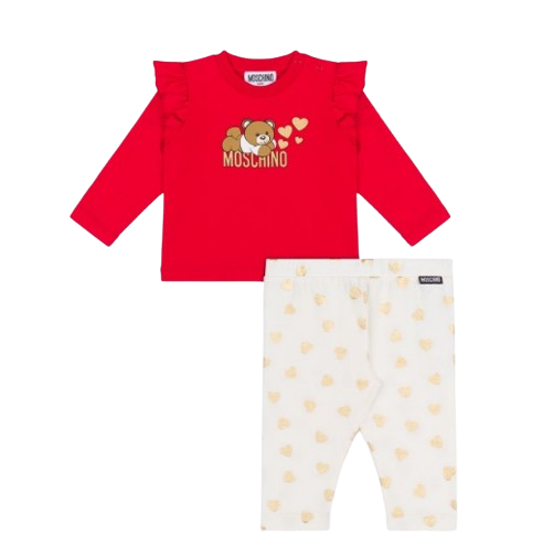 MOSCHINO BABY GIRL TEDDY HEARTS TOP ANG LEGGING SET RED