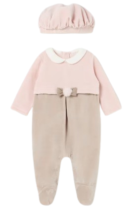 MAYORAL BABY GIRL VELOUR BABYGROW WITH BERET HAT