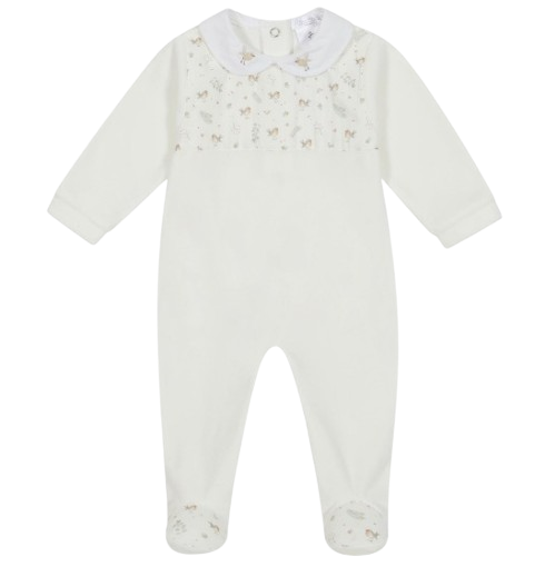 DEOLINDA UNISEX BABY BIRDY VELOUR BABYGROW WITH PRINT BODICE