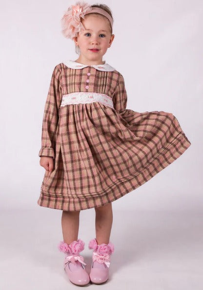 BEAU KID DIRL SMOCKED CHECKED  DRESS BROWN