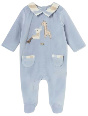 MAYORAL BABY BOY ELEPHANT AND GIRAFFE  VELOUR BABYGROW BLUE