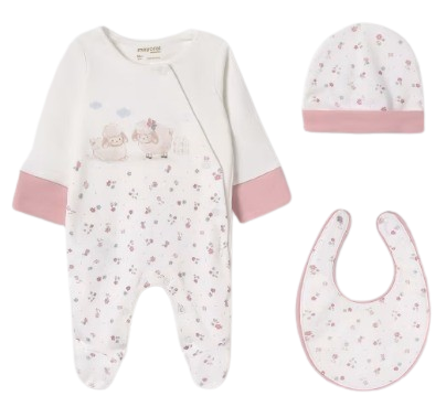 MAYORAL BABY GIRL BABYGROW, HAT AND BIB GIFT SET PINK