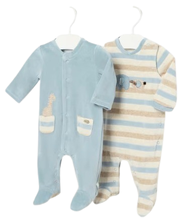 MAYORAL BABY BOY VELOUR ELEPHANT BABYGOW PACK OF TWO.