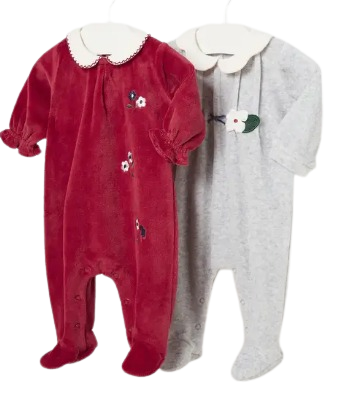 MAYORAL BABY GIRL SET OF 2 VELOUR BABYGROWS RED
