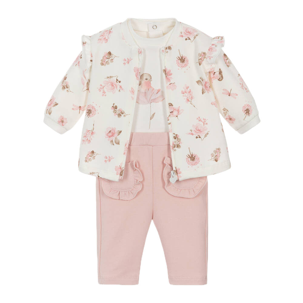 MAYORAL BABY GIRL FLORAL TOP CARDIGAN AND TROUSER SET