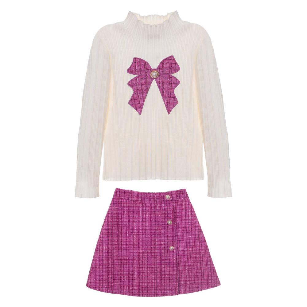 PATACHOU GIRL KNIT JUMPER AND TWEED SKIRT SET PINK