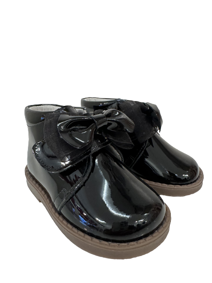 ANDANINES GIRL VELCRO BOW BOOT BLACK PATENT