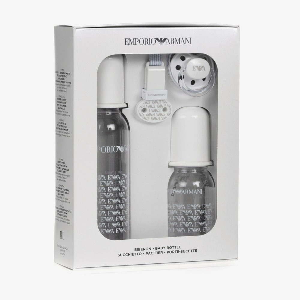 EMPORIO ARMANI BABY SET OF 2 BOTTLE DUMMY AND CLIP WHITE