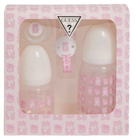 GUESS BABY GIRL BOTTLES AND DUMMY SET WITH CLIP