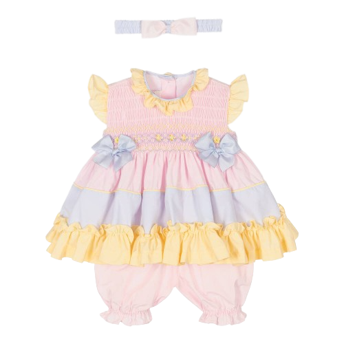 PRETTY ORIGINALS GIRL PINK/BLUE  SMOCKED DRESS WITH BLOOMERS